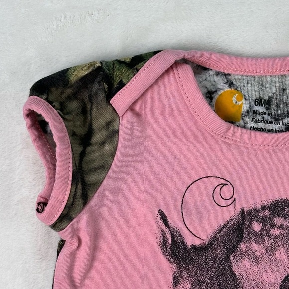 🌸3/$15🌸 CARHARTT Pink Mossy Oak Hunting Deer Camo Sleeve Baby Girls Bodysuit 6M - Picture 4 of 13